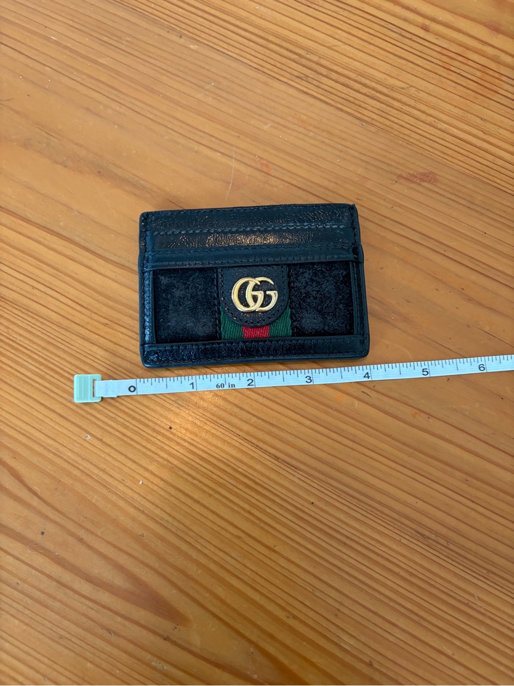 Gucci Black Suede & Leather Card Case with Green-Red Web and Gold GG
